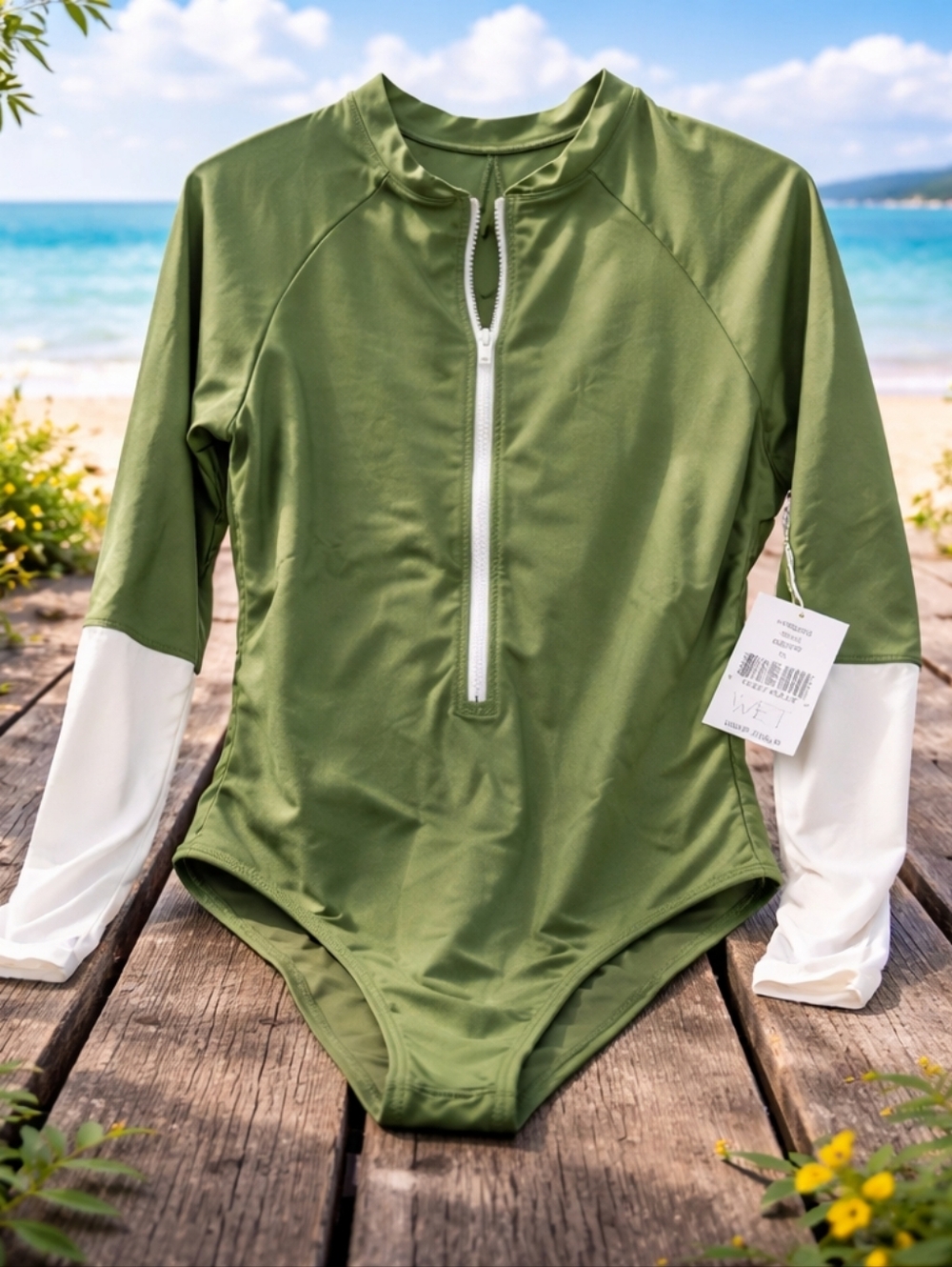 Olive Green Long Sleeve Zip-Front Rashguard One-Piece Sz. XL New With Tags.